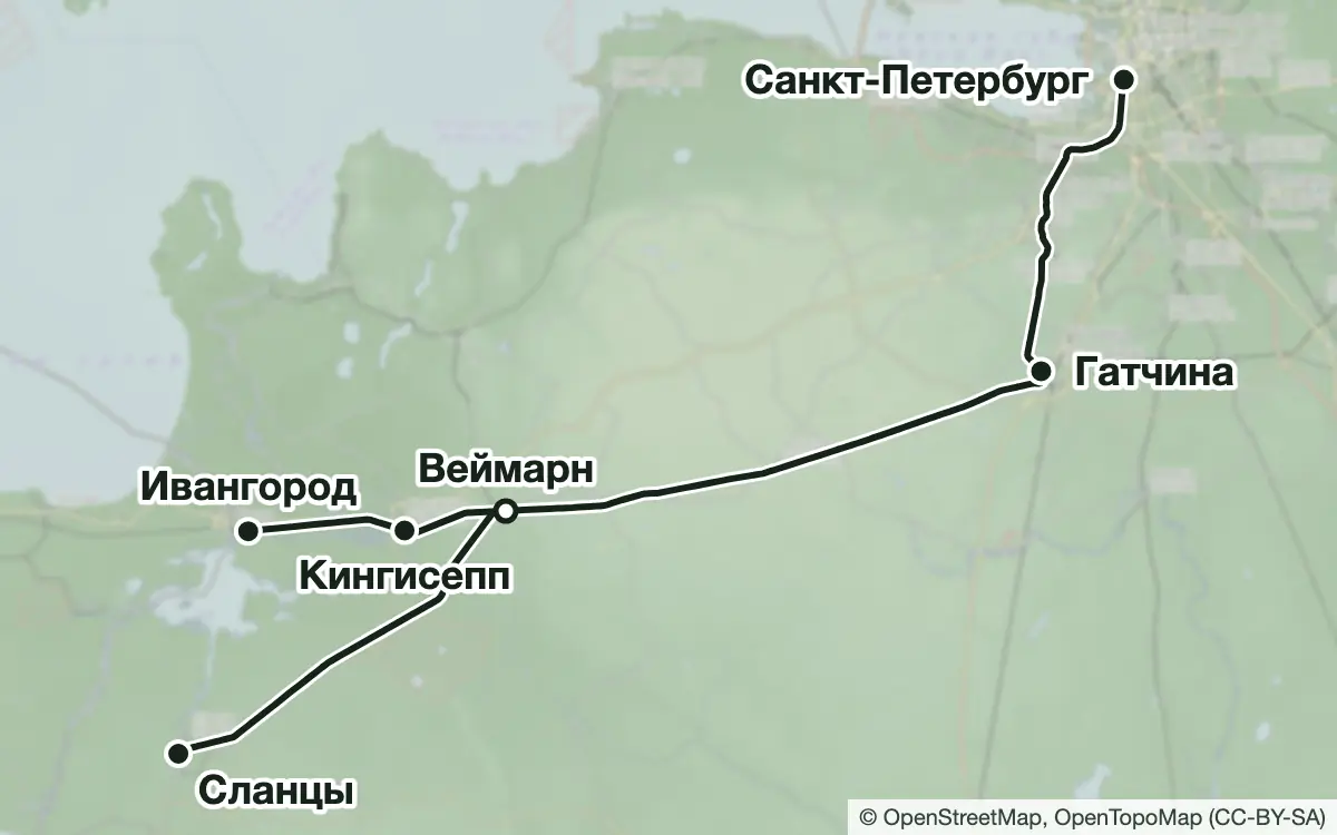 Схема: Грибные места Кингисеппского направления — вокзалы, узловые и конечные станции, трассы