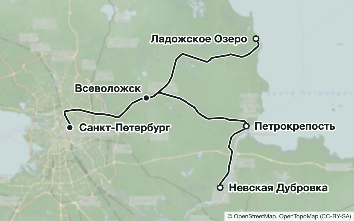 Схема: Грибные места Ладожского (Ириновского) направления — вокзалы, узловые и конечные станции, трассы