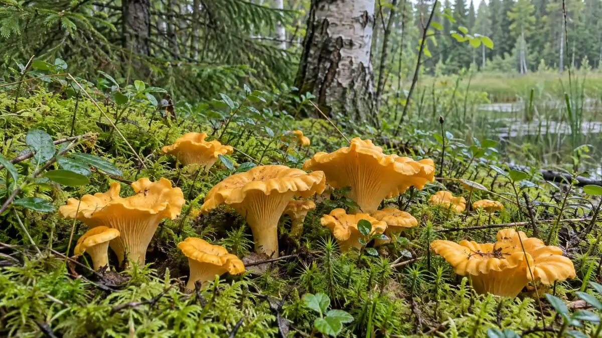 Лисички во мху у края болота