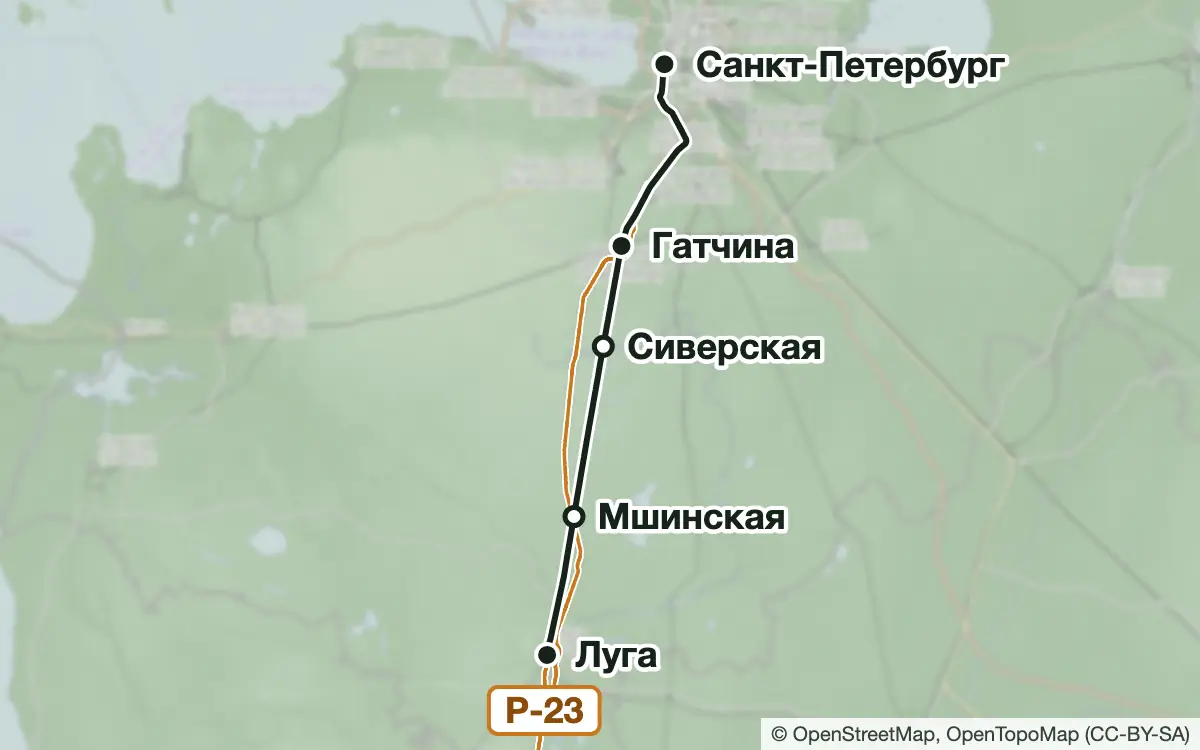 Схема: Грибные места Лужского направления — вокзалы, узловые и конечные станции, трассы