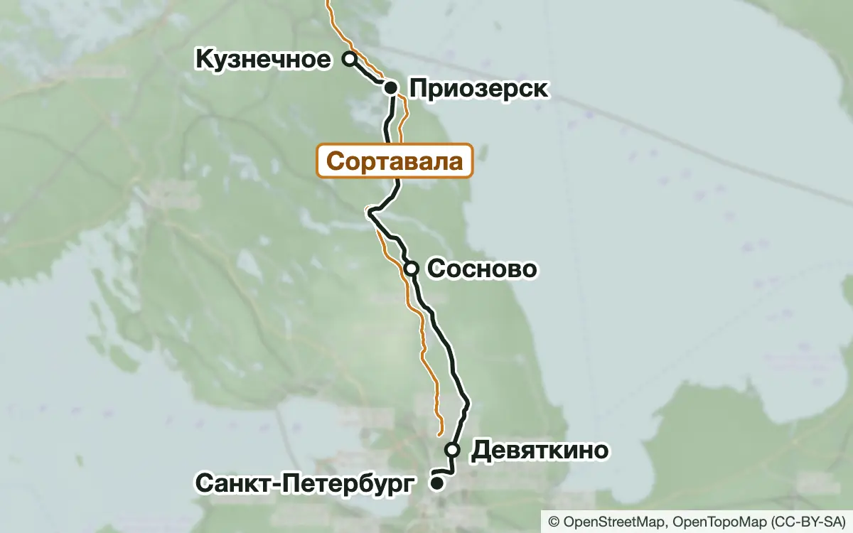 Схема: Грибные места Приозерского направления — вокзалы, узловые и конечные станции, трассы