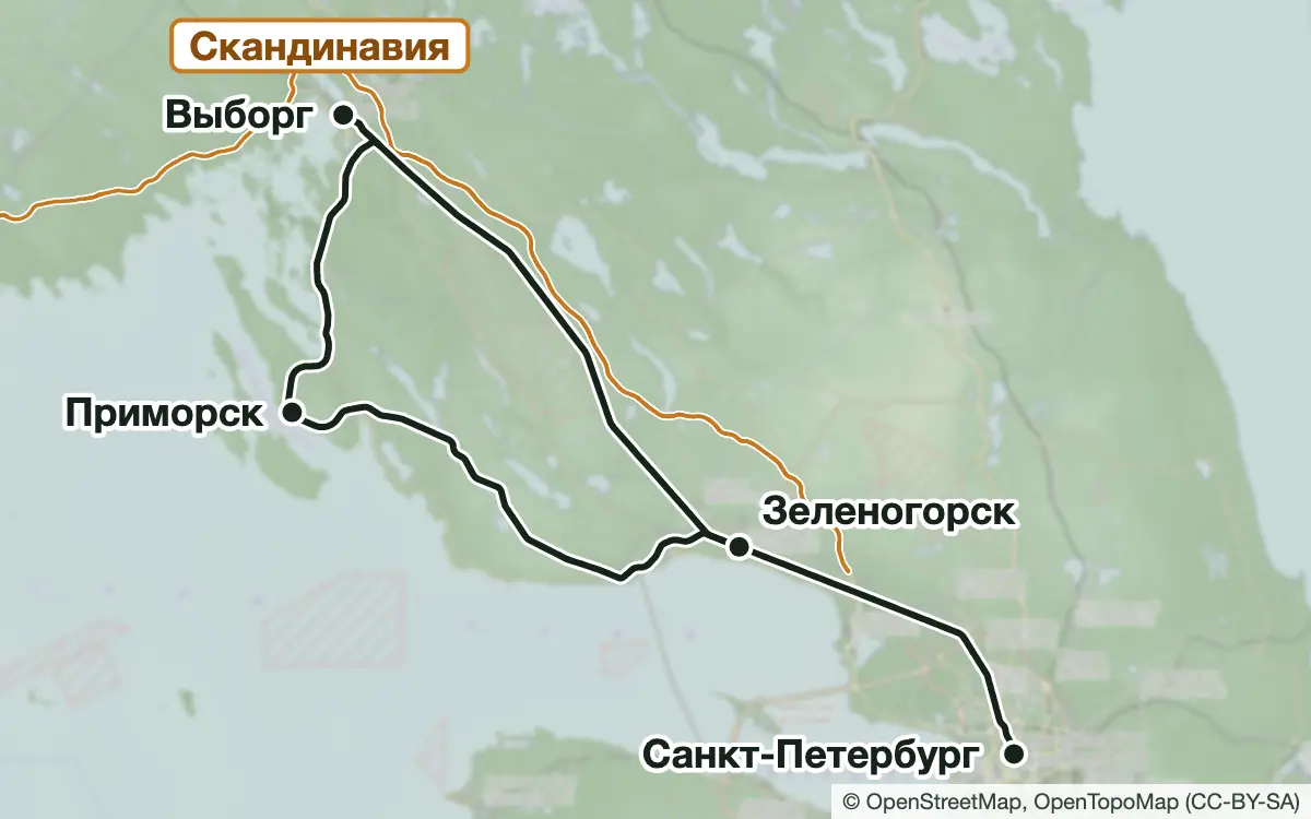 Схема: Грибные места Выборгского направления — вокзалы, узловые и конечные станции, трассы