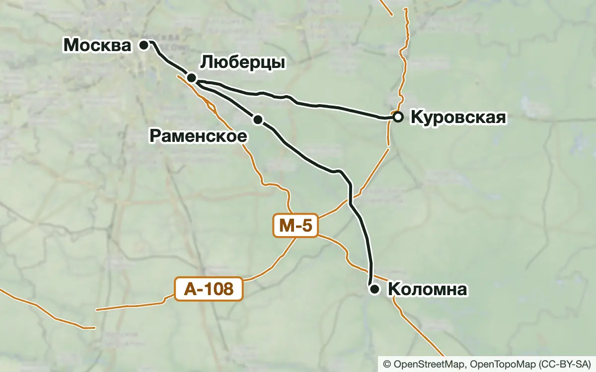 Схема: Грибные места Казанского (Рязанского) направления — вокзалы, узловые и конечные станции, трассы