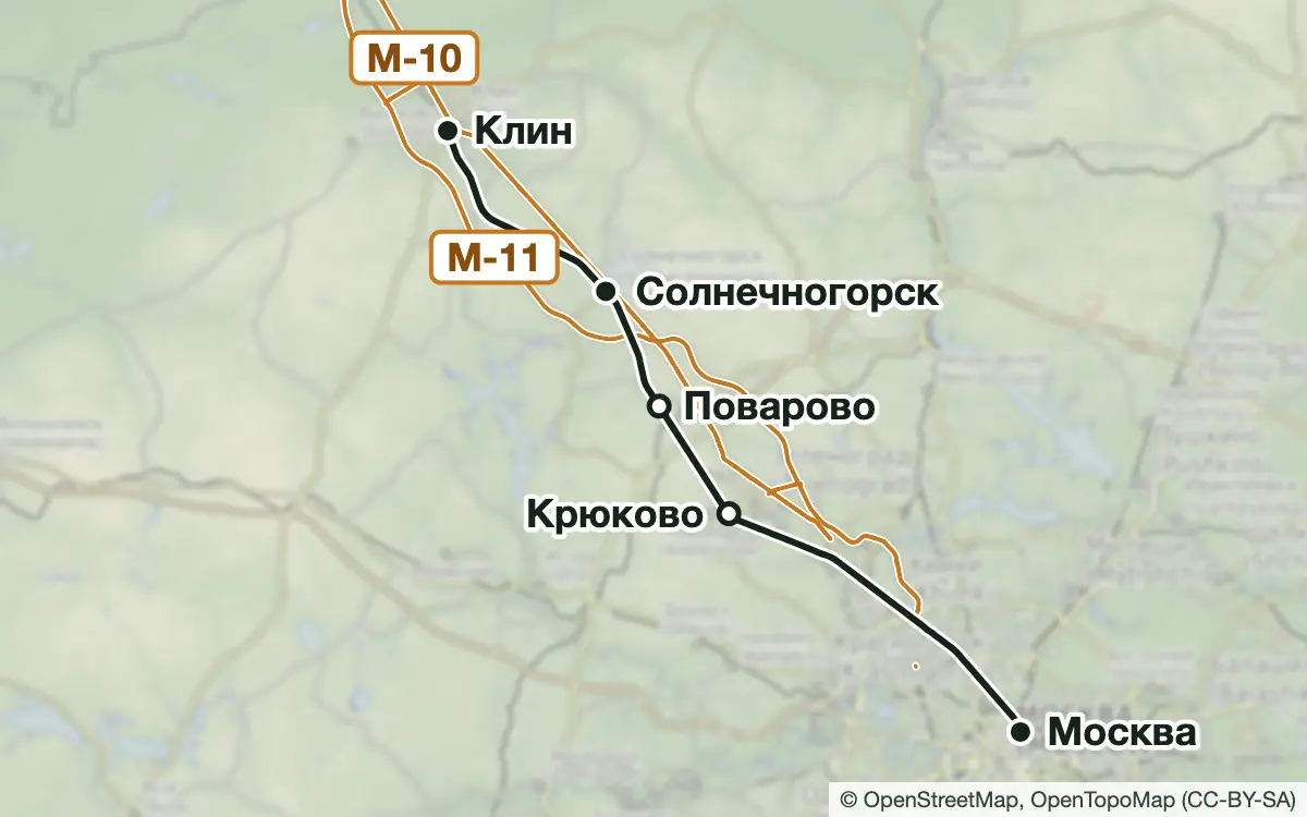 Схема: Грибные места Ленинградского направления Подмосковья — вокзалы, узловые и конечные станции, трассы
