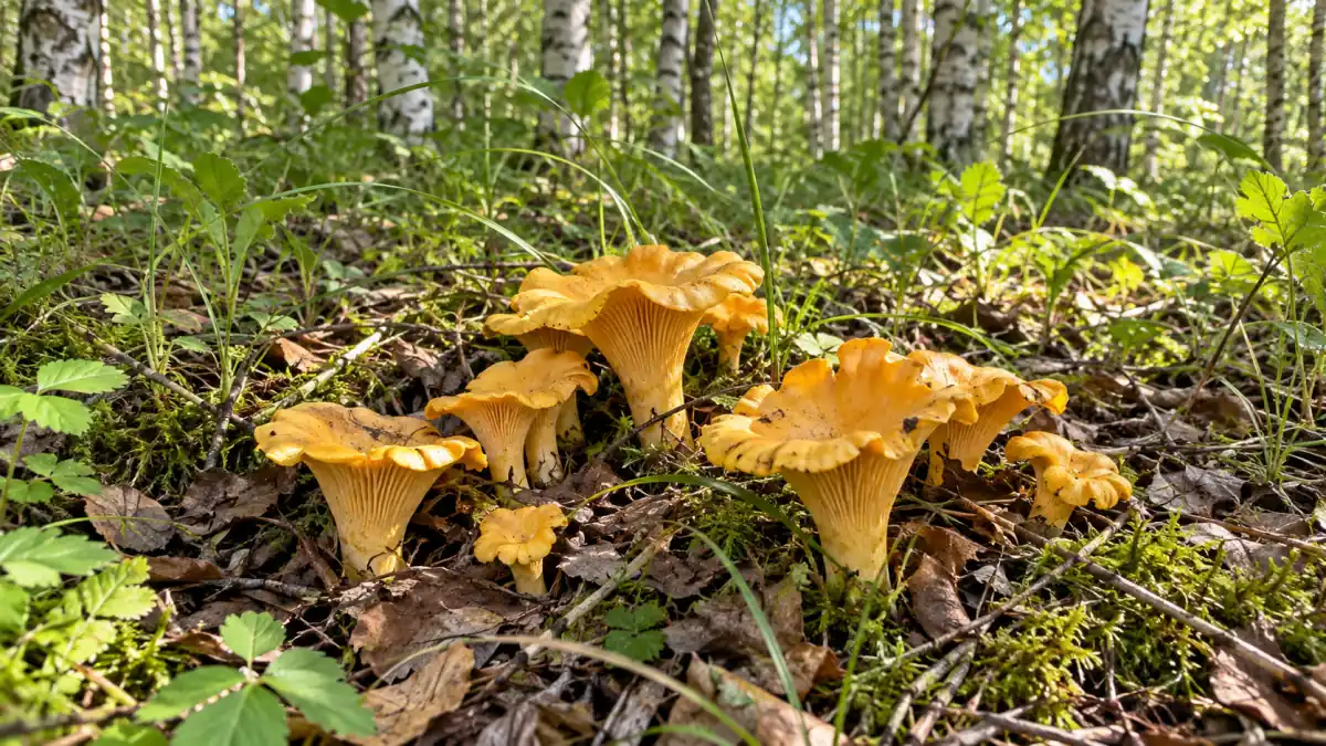 Лисички в берёзовом лесу