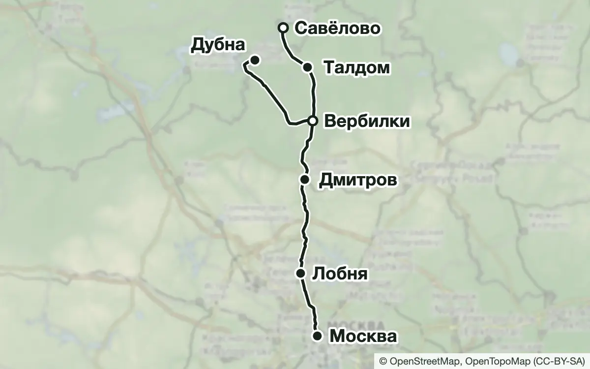 Схема: Грибные места Савёловского направления — вокзалы, узловые и конечные станции, трассы