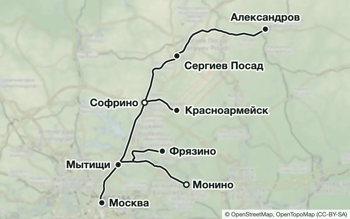 Схема: Грибные места Ярославского направления — вокзалы, узловые и конечные станции, трассы