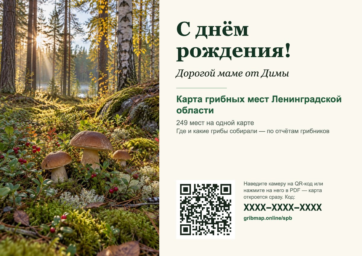 Открытка — подарок грибнику: поздравление, карта грибных мест и QR-код