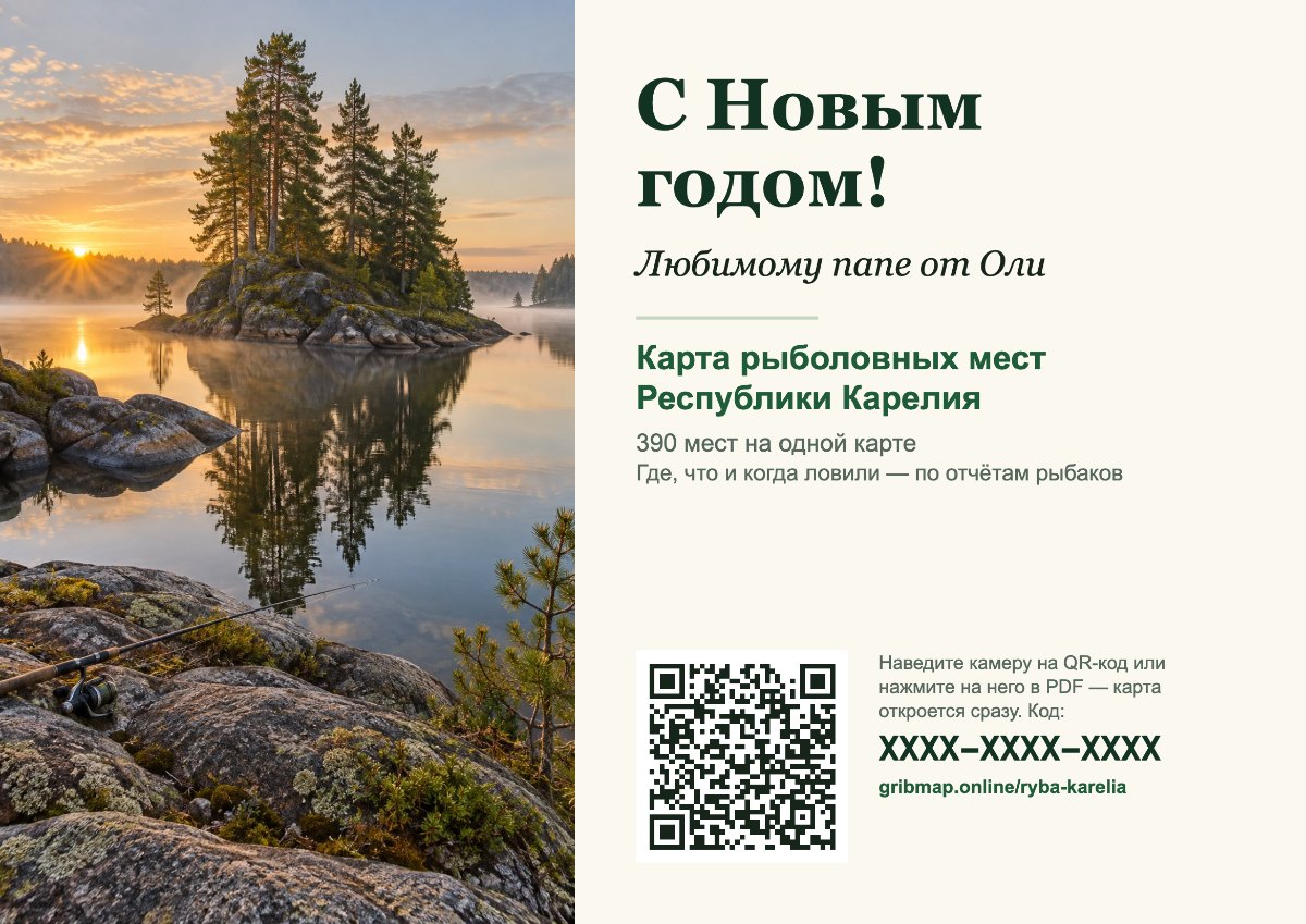 Открытка — подарок рыбаку: поздравление, карта рыболовных мест и QR-код