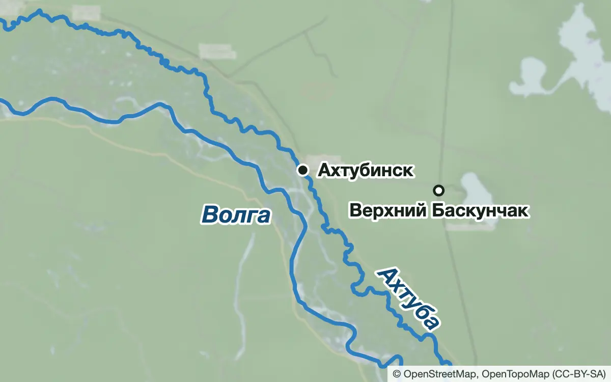 Схема: Рыбалка на Верхней Ахтубе у Ахтубинска — водоёмы и населённые пункты