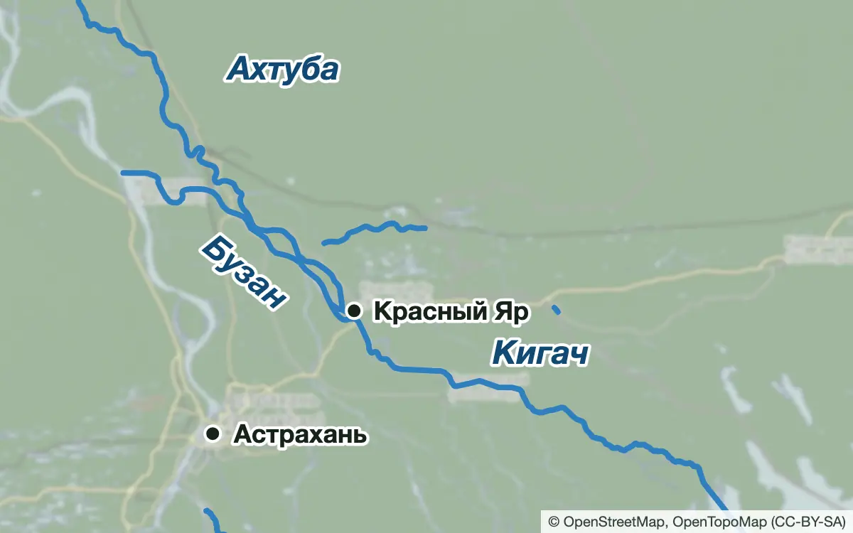 Схема: Рыбалка на Бузане и Кигаче у Красного Яра — водоёмы и населённые пункты