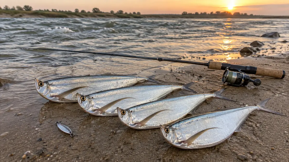 Несколько серебристых чехоней на влажном песке у воды, рядом лёгкий спиннинг и маленькая блесна