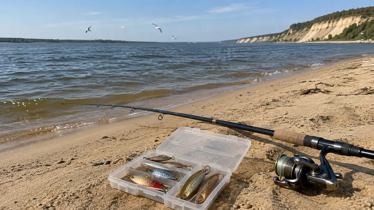 Спиннинг и коробка с блёснами на песчаной косе Волги, над водой чайки, вдали высокий глинистый яр