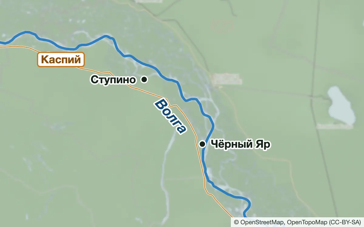 Схема: Рыбалка на Волге у Чёрного Яра и Ступино — водоёмы и населённые пункты
