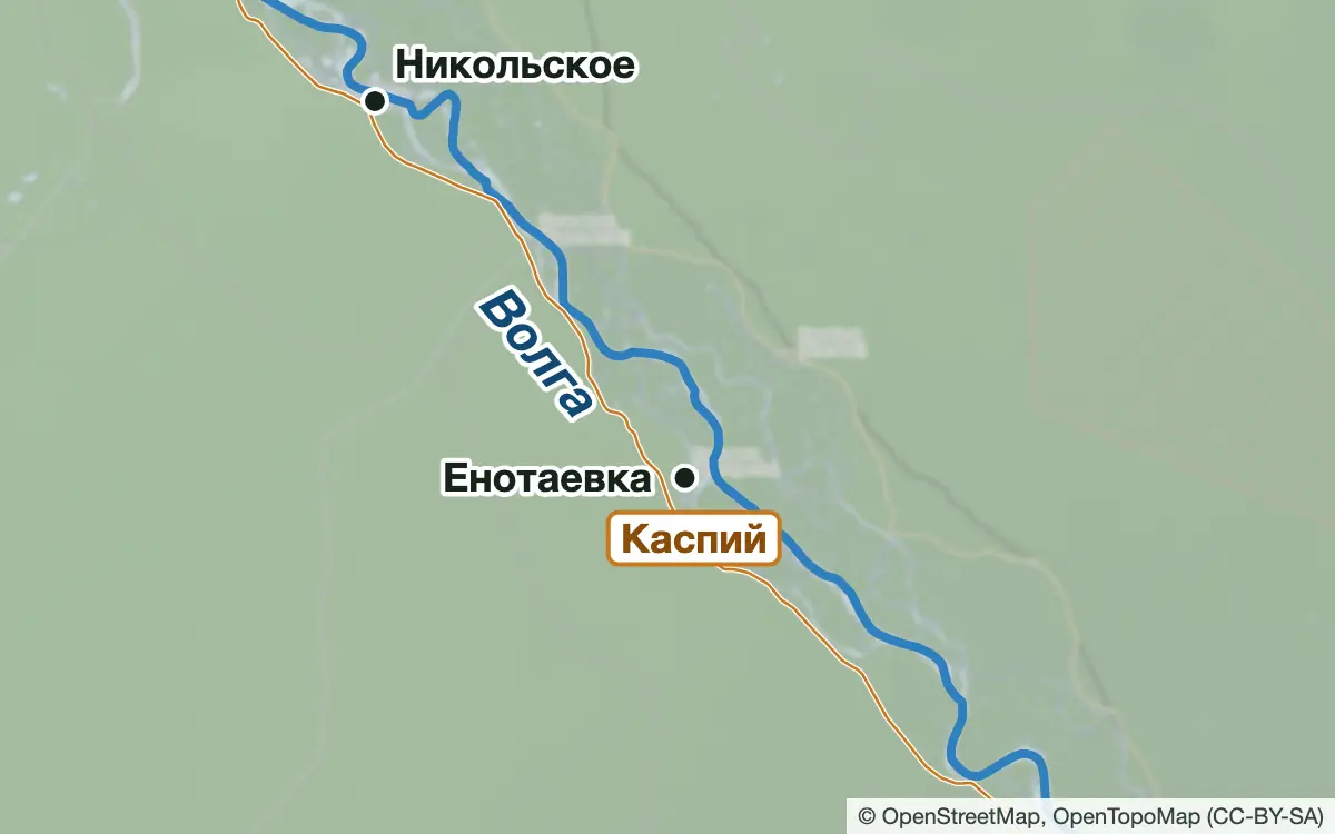Схема: Рыбалка на Волге у Никольского и Енотаевки — водоёмы и населённые пункты