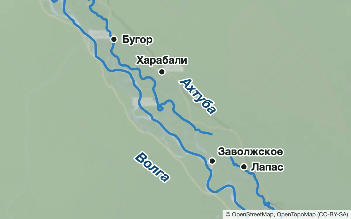 Схема: Рыбалка на Ахтубе у Бугра, Заволжского и Лапаса — водоёмы и населённые пункты