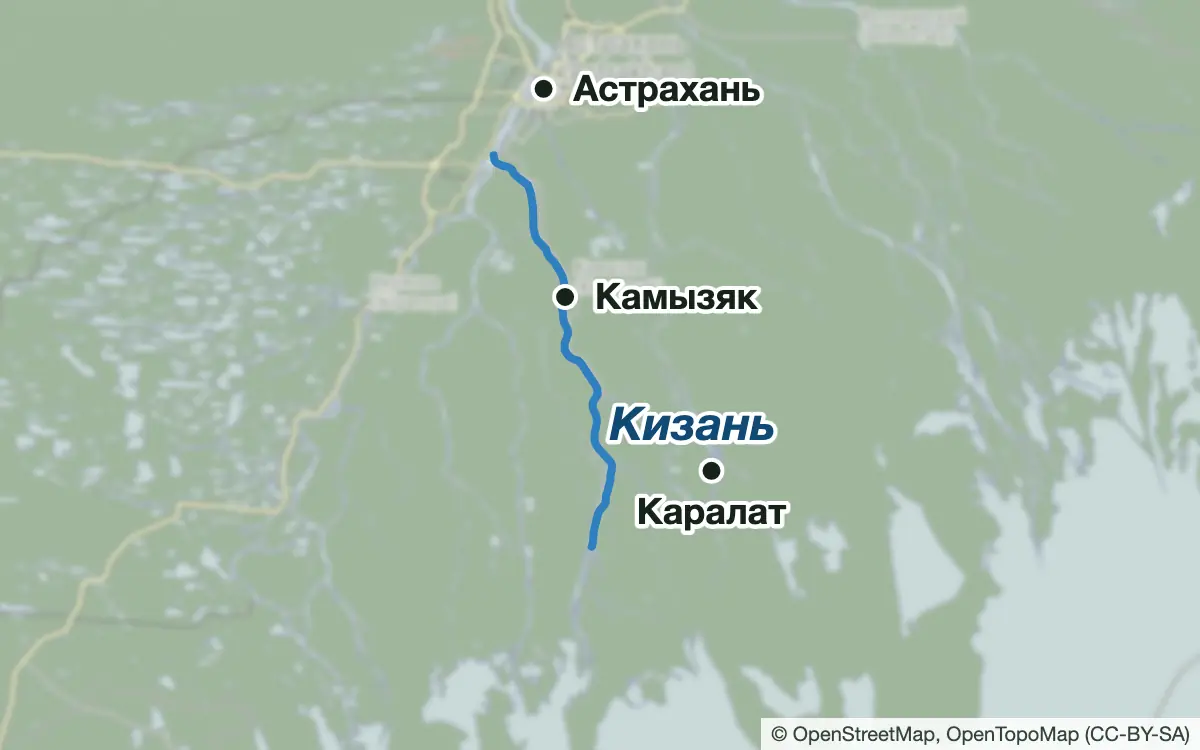 Схема: Рыбалка в дельте Волги у Камызяка и Каралата — водоёмы и населённые пункты