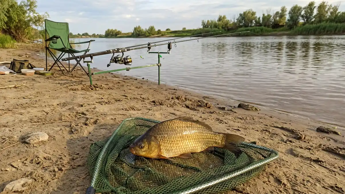 Донные удочки на подставке и карась в подсаке на песчаном берегу реки