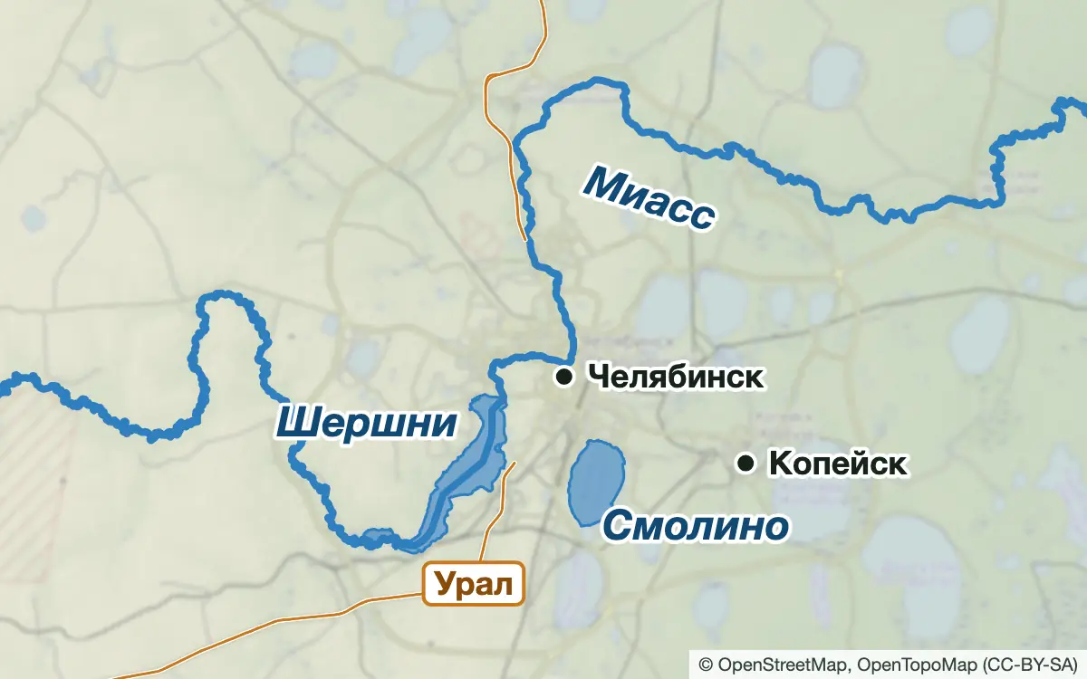 Схема: Рыбалка в Челябинске и пригороде: Шершни, Смолино, Первое — водоёмы и населённые пункты