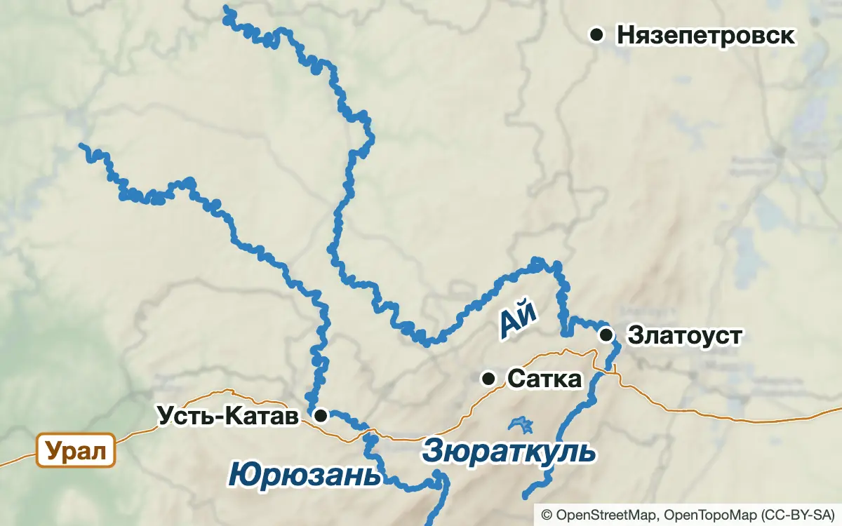 Схема: Рыбалка на горных реках и заводских прудах: Ай, Юрюзань, Зюраткуль — водоёмы и населённые пункты