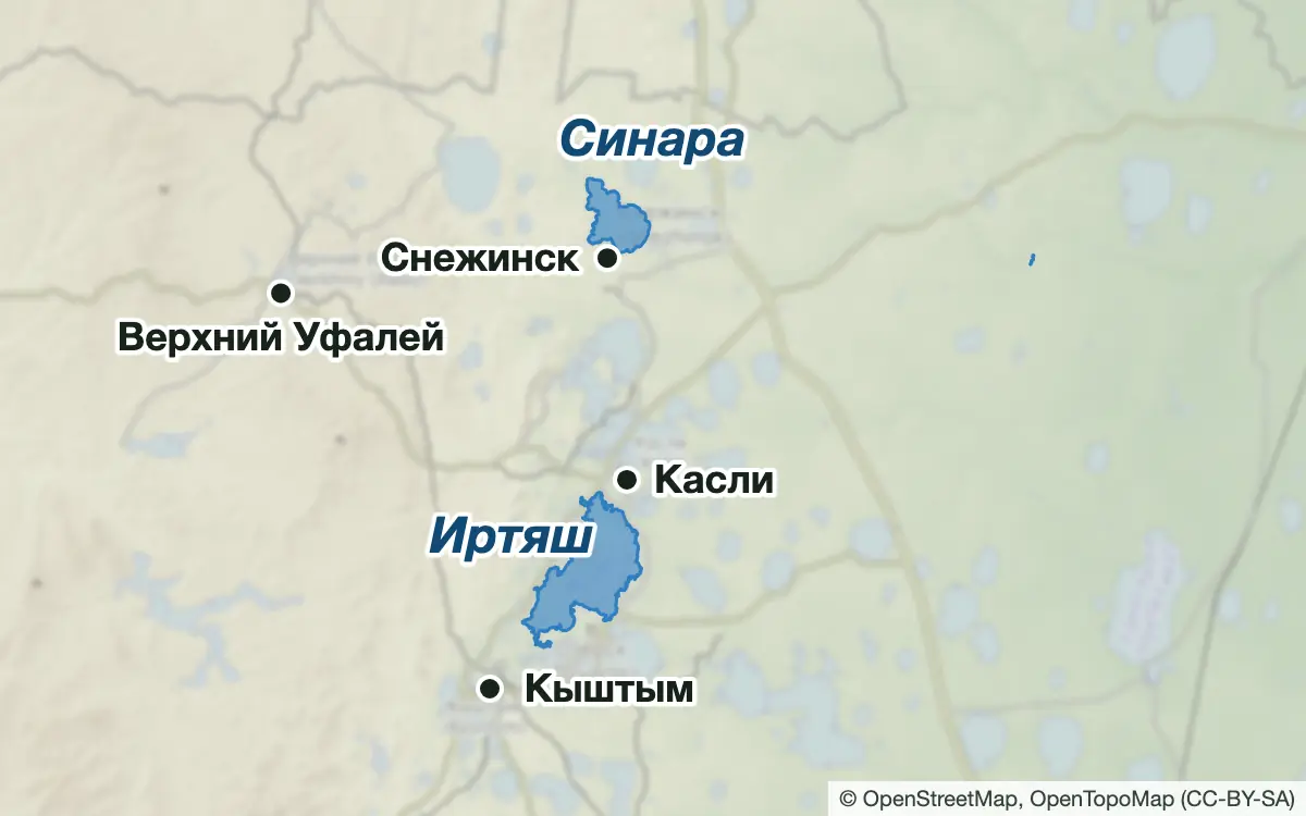 Схема: Рыбалка у Каслей, Кыштыма, Снежинска и Верхнего Уфалея — водоёмы и населённые пункты