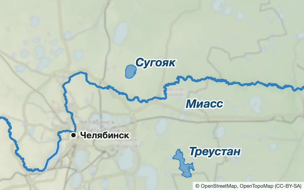 Схема: Рыбалка в Красноармейском районе: озёра и Миасс ниже Челябинска — водоёмы и населённые пункты