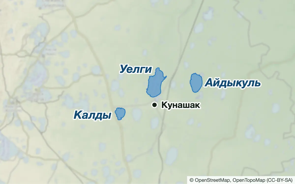 Схема: Рыбалка на озёрах Кунашакского района: Уелги, Калды, Айдыкуль — водоёмы и населённые пункты
