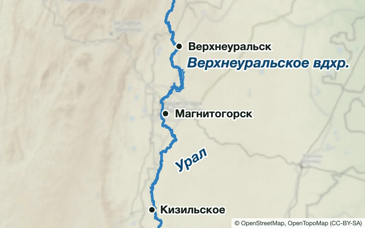 Схема: Рыбалка в Магнитогорске, на Урале и Верхнеуральском водохранилище — водоёмы и населённые пункты