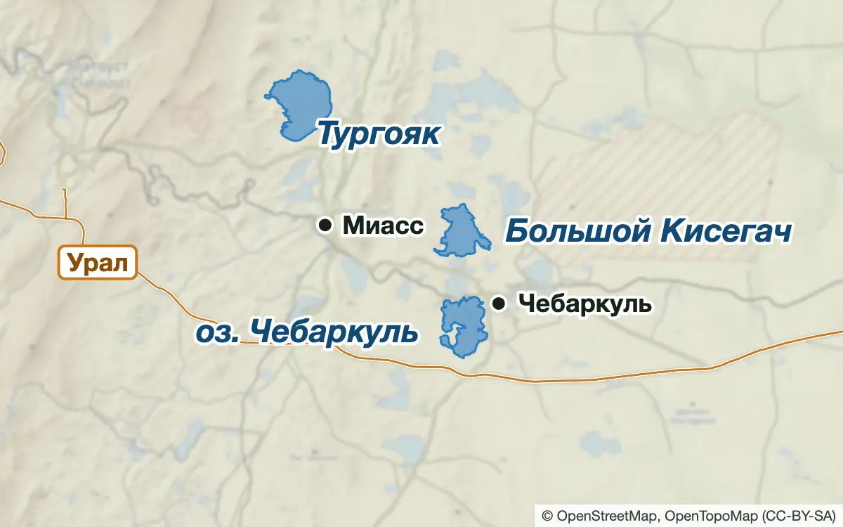 Схема: Рыбалка в Миассе и Чебаркуле: Тургояк, Еланчик, Кисегач, река Миасс — водоёмы и населённые пункты