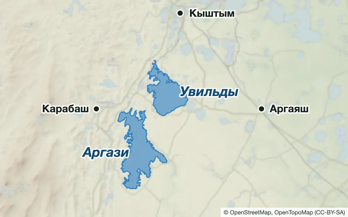 Схема: Рыбалка на Увильдах, Аргазях и озёрах у Аргаяша и Карабаша — водоёмы и населённые пункты