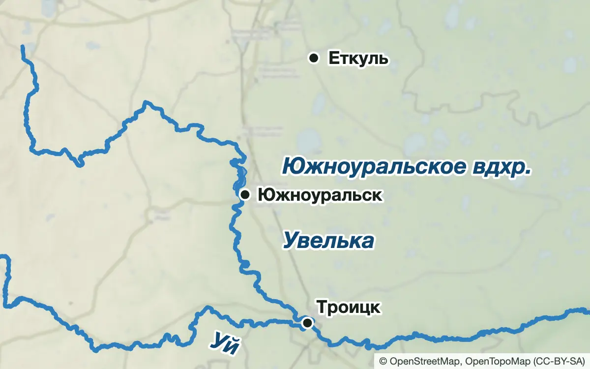 Схема: Рыбалка на юго-востоке области: Еткуль, Южноуральск, Троицк — водоёмы и населённые пункты