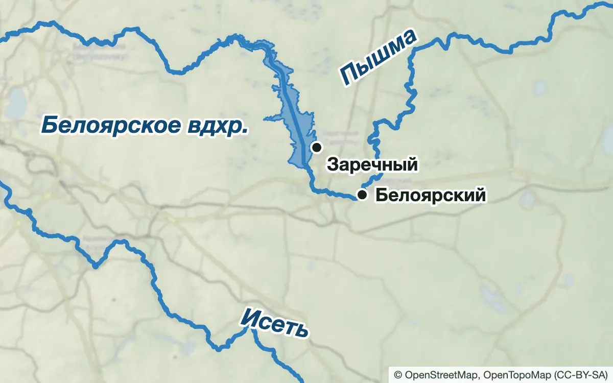 Схема: Рыбалка на Белоярском водохранилище — водоёмы и населённые пункты