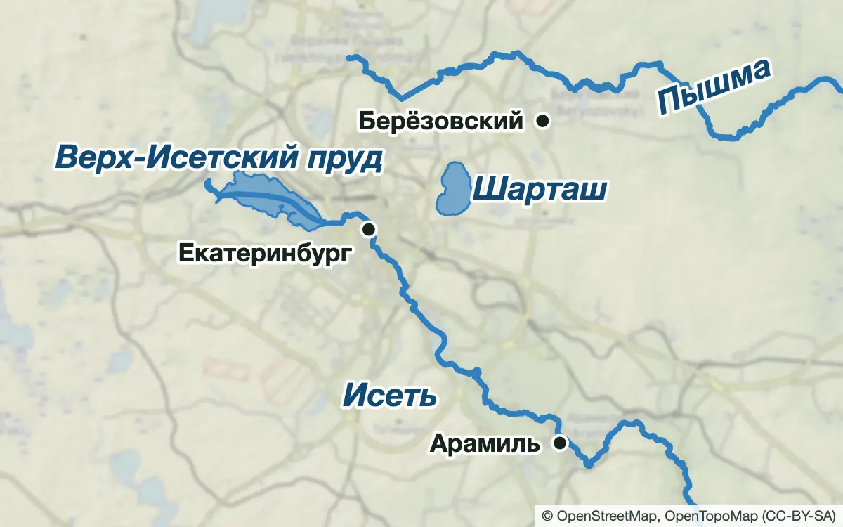 Схема: Рыбалка в Екатеринбурге и ближних прудах — водоёмы и населённые пункты