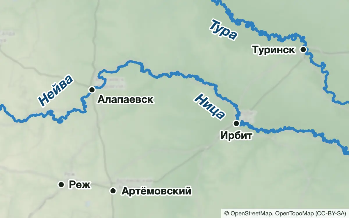 Схема: Рыбалка на Нице, Реже и Нейве — от Режа до Ирбита и Туринска — водоёмы и населённые пункты