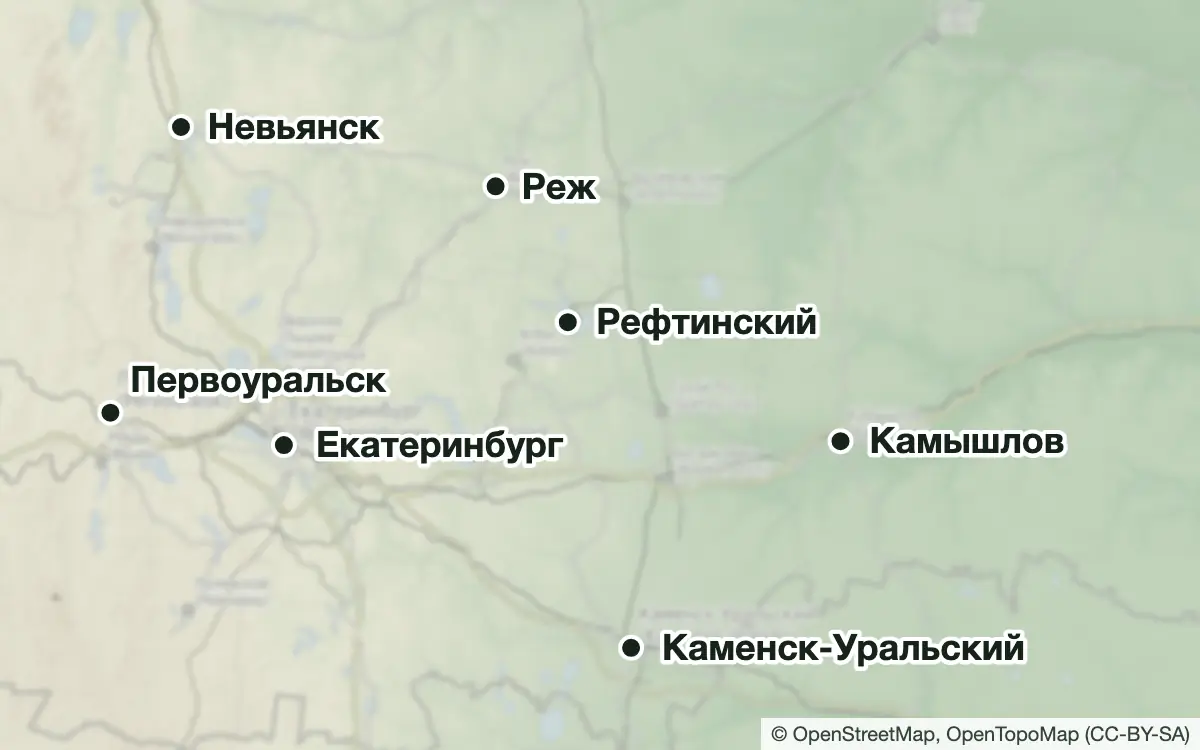 Схема: Платная рыбалка в Екатеринбурге и Свердловской области — водоёмы и населённые пункты