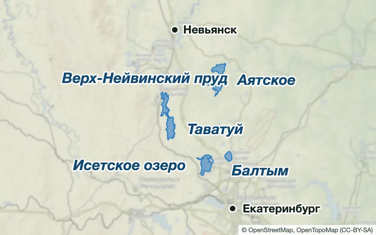 Схема: Рыбалка на озёрах к северу от Екатеринбурга — водоёмы и населённые пункты