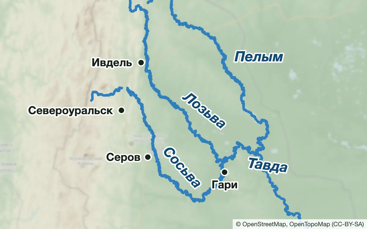 Схема: Рыбалка на севере области: Сосьва, Лозьва, Серов и Ивдель — водоёмы и населённые пункты