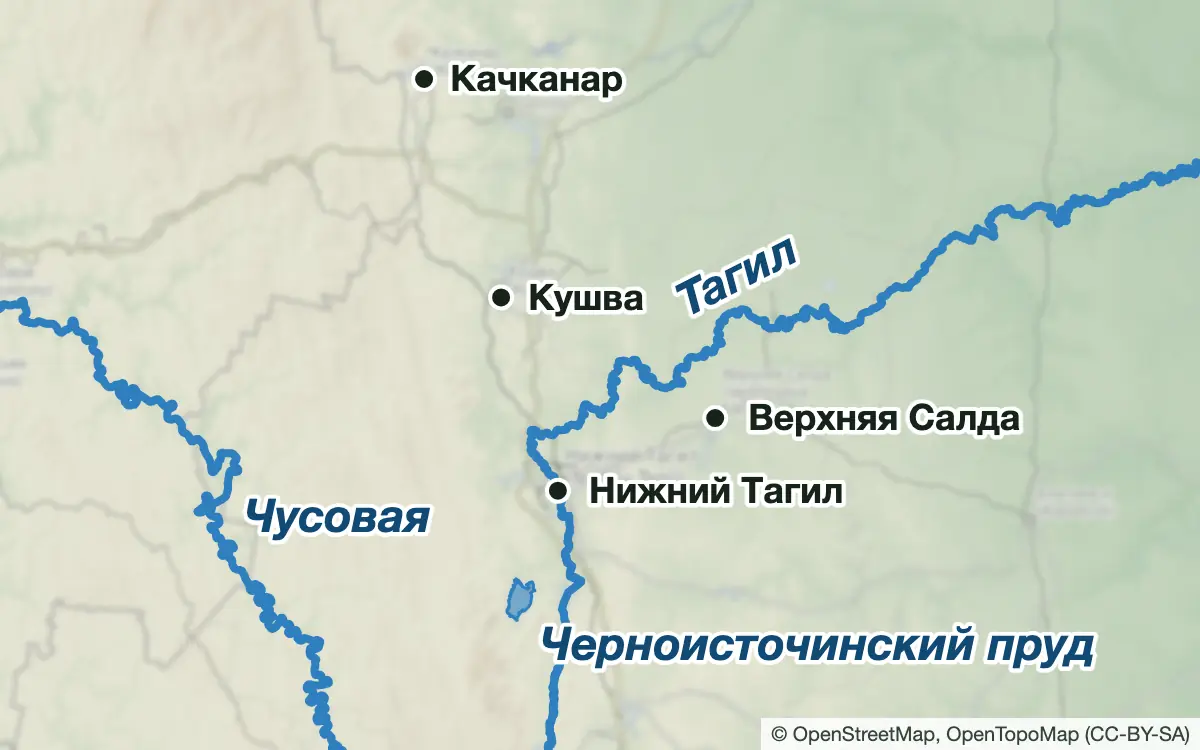 Схема: Рыбалка у Нижнего Тагила: пруды, река Тагил, Кушва и Качканар — водоёмы и населённые пункты