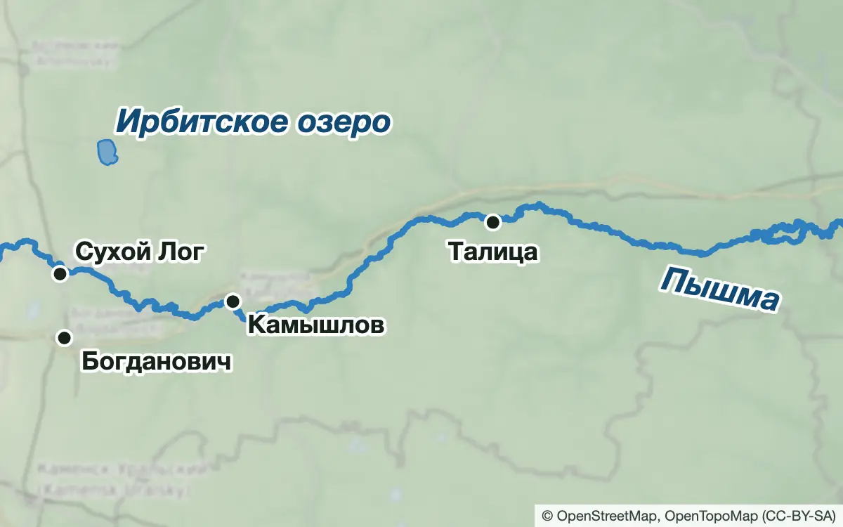 Схема: Рыбалка на Пышме и на востоке Свердловской области — водоёмы и населённые пункты