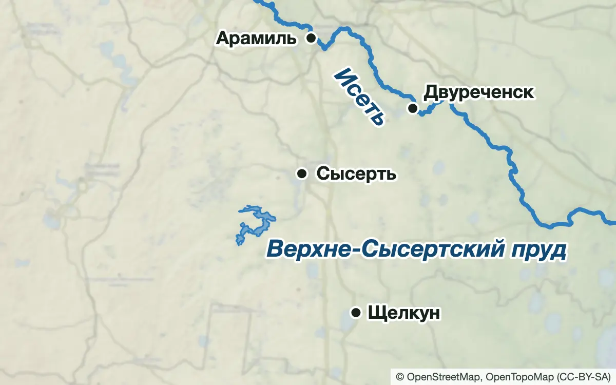 Схема: Рыбалка в Сысерти, Двуреченске и на Сысертских прудах — водоёмы и населённые пункты