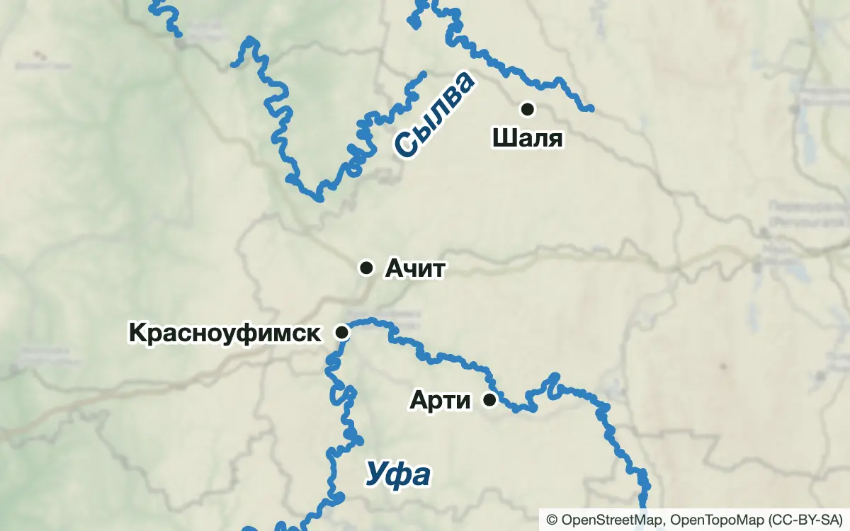 Схема: Рыбалка на Уфе и Сылве: Красноуфимск, Арти, Шаля — водоёмы и населённые пункты