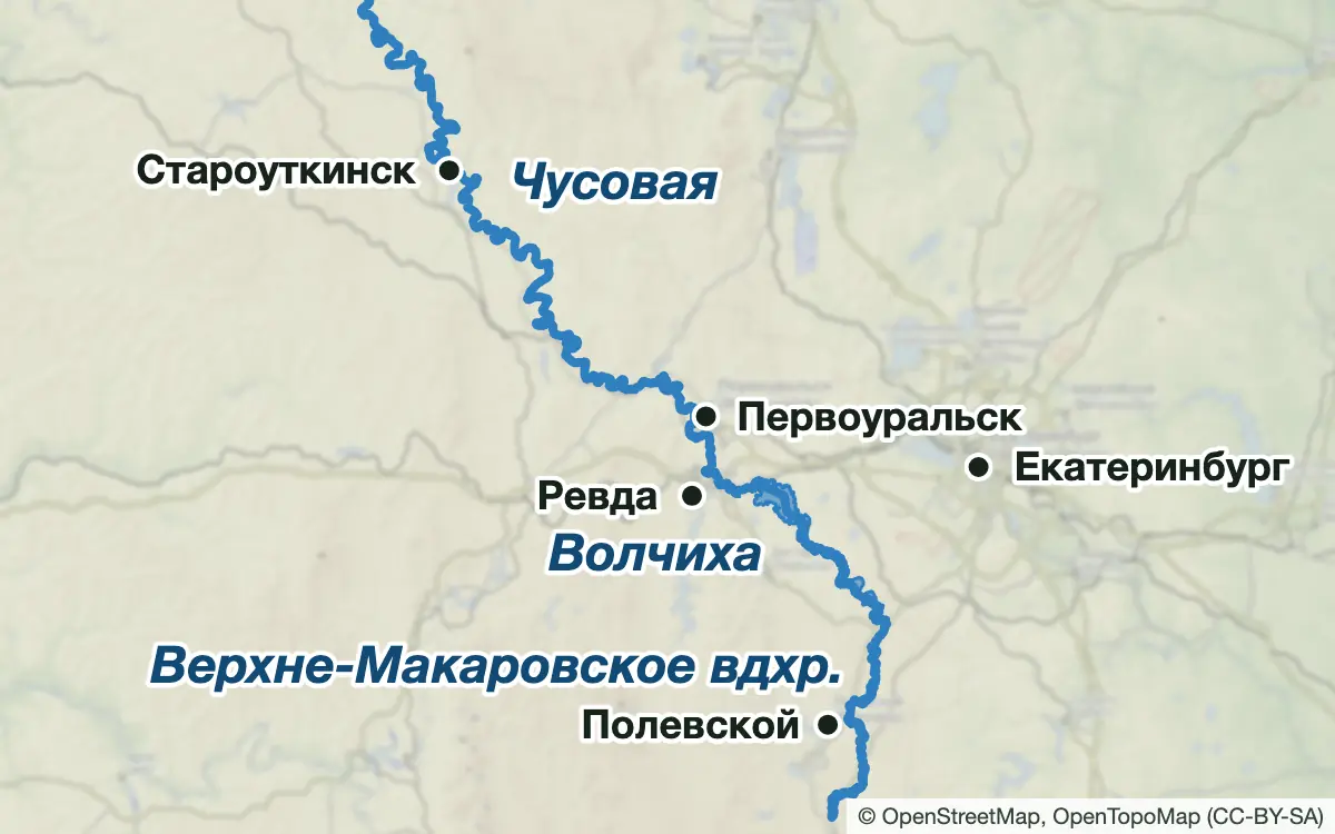 Схема: Рыбалка на западе от Екатеринбурга: Волчиха, Чусовая, Ревда, Первоуральск — водоёмы и населённые пункты