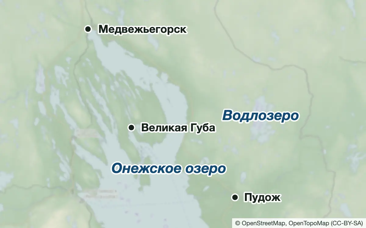 Схема: Рыбалка в Заонежье, на Водлозере и у Пудожа — водоёмы и населённые пункты