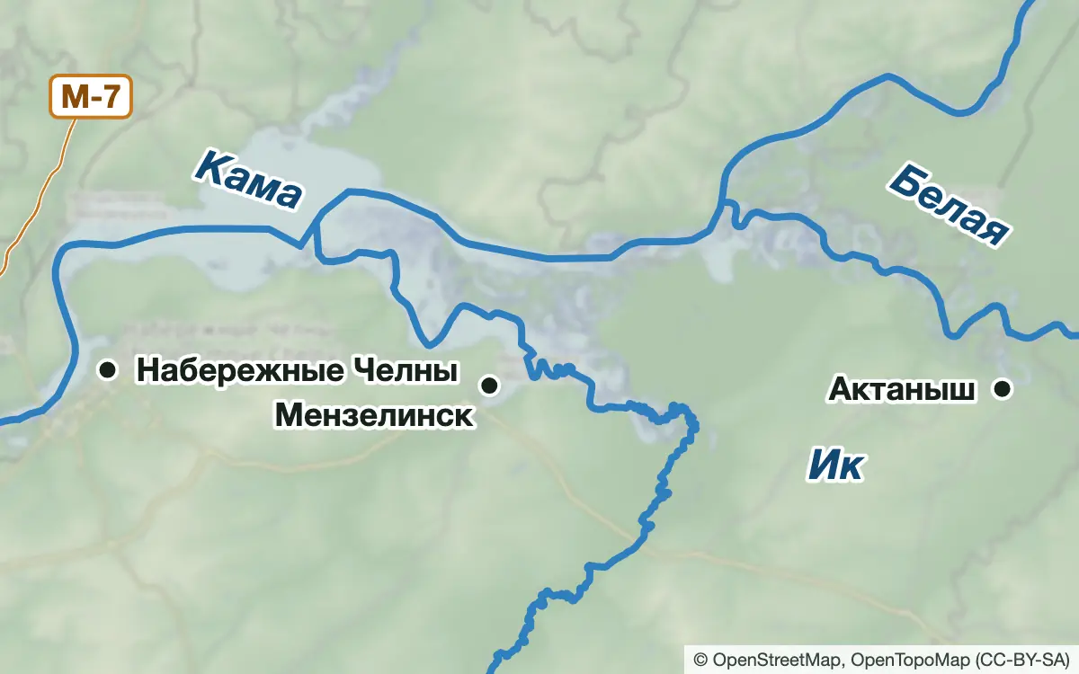 Схема: Рыбалка в Набережных Челнах и на Нижнекамском водохранилище — водоёмы и населённые пункты