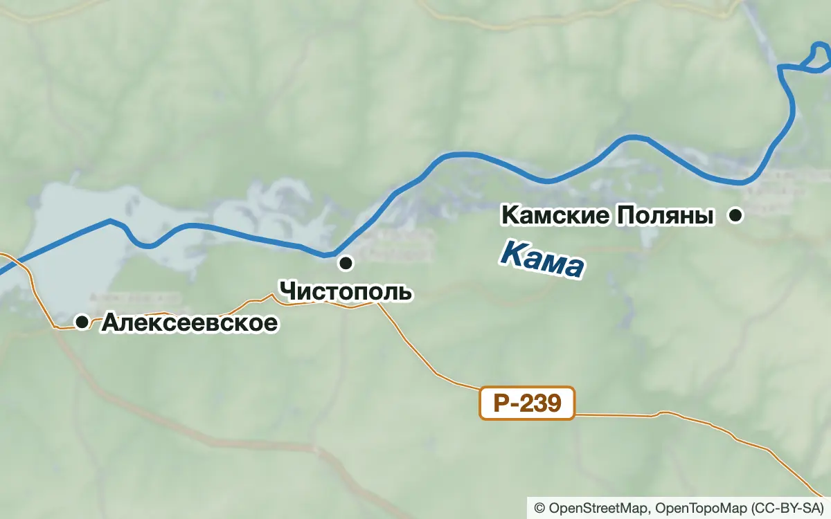 Схема: Рыбалка в Чистополе и на Чистопольском плёсе Камы — водоёмы и населённые пункты