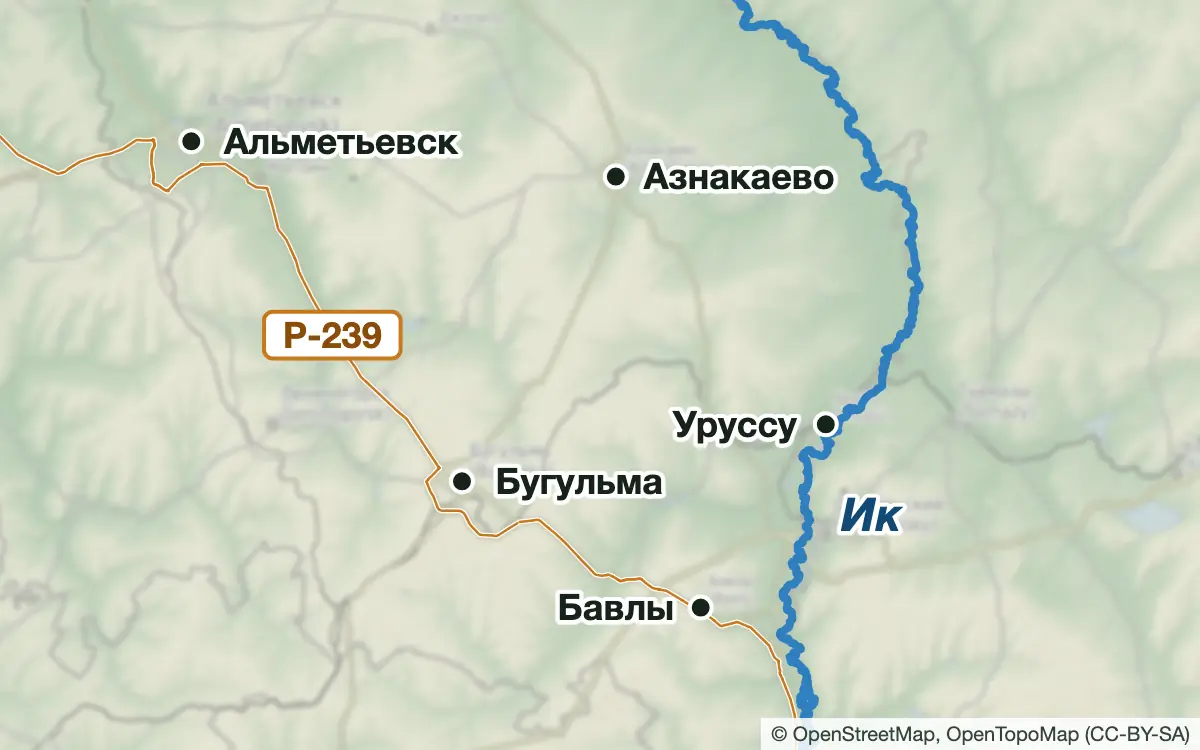Схема: Рыбалка в Бугульме, Азнакаево и Бавлах: Карабаш и Ик — водоёмы и населённые пункты