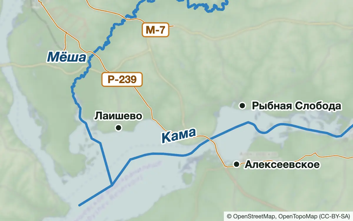 Схема: Рыбалка на Каме от Рыбной Слободы до Лаишева и на Мёше — водоёмы и населённые пункты