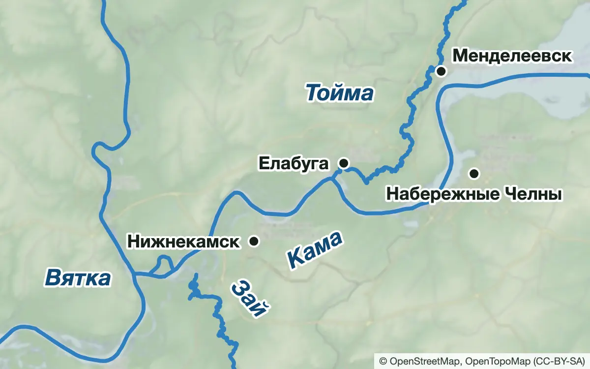 Схема: Рыбалка в Нижнекамске и Елабуге: Кама ниже ГЭС, Зай, Тойма — водоёмы и населённые пункты