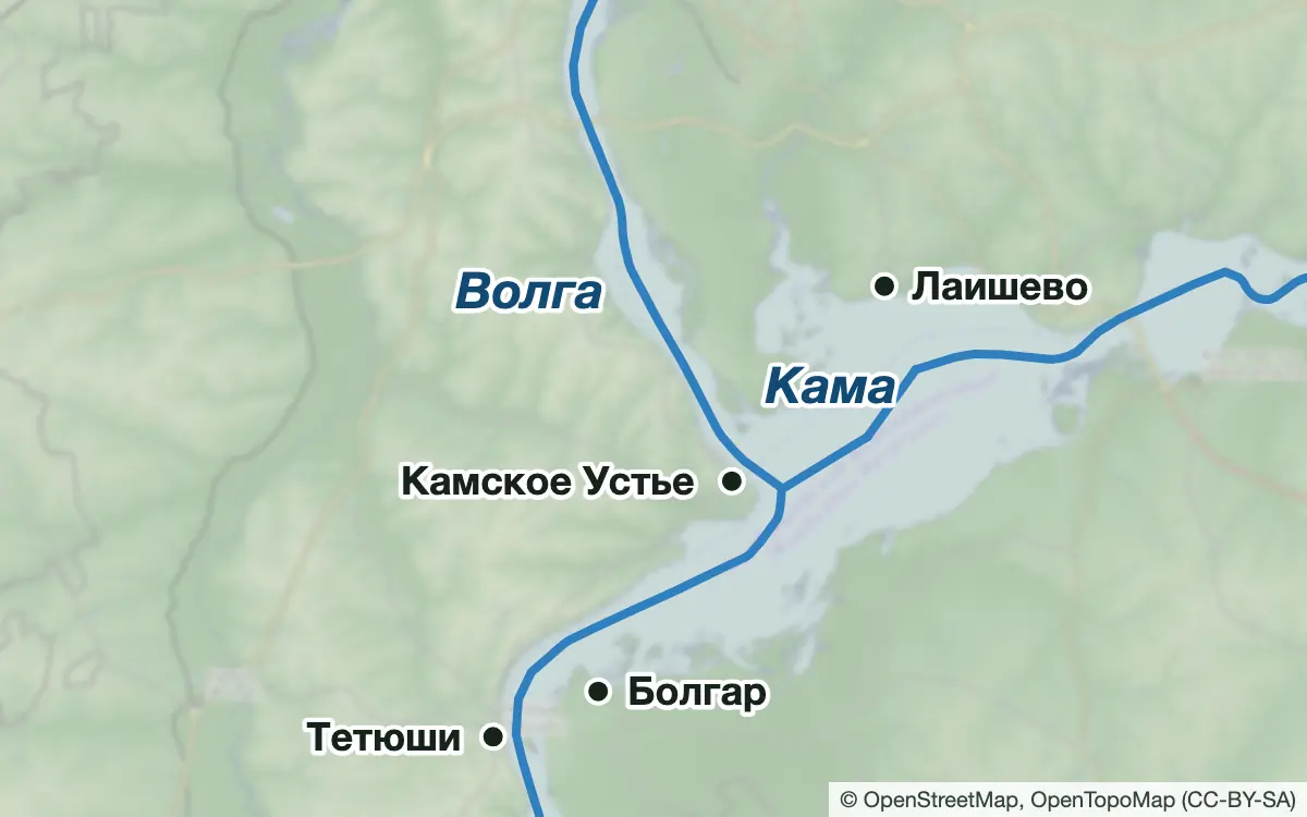 Схема: Рыбалка на Куйбышевском водохранилище ниже Казани — водоёмы и населённые пункты