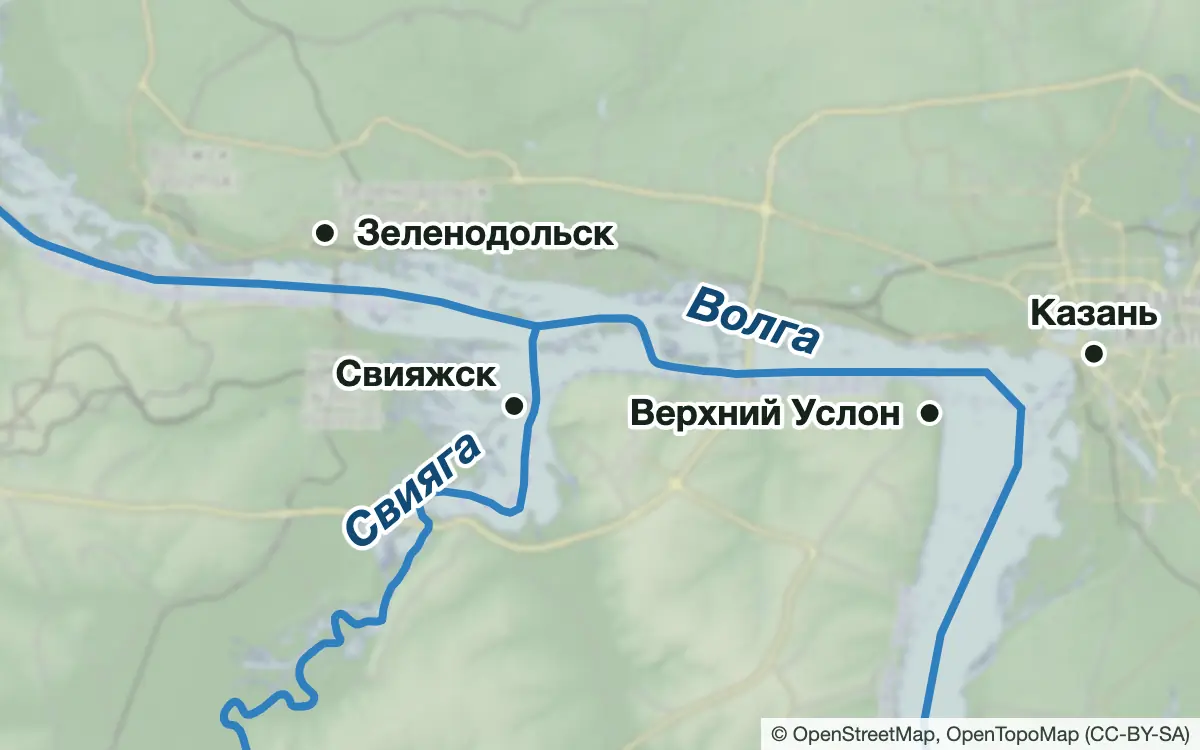 Схема: Рыбалка на Волге выше Казани: Зеленодольск, Свияжск, Верхний Услон — водоёмы и населённые пункты